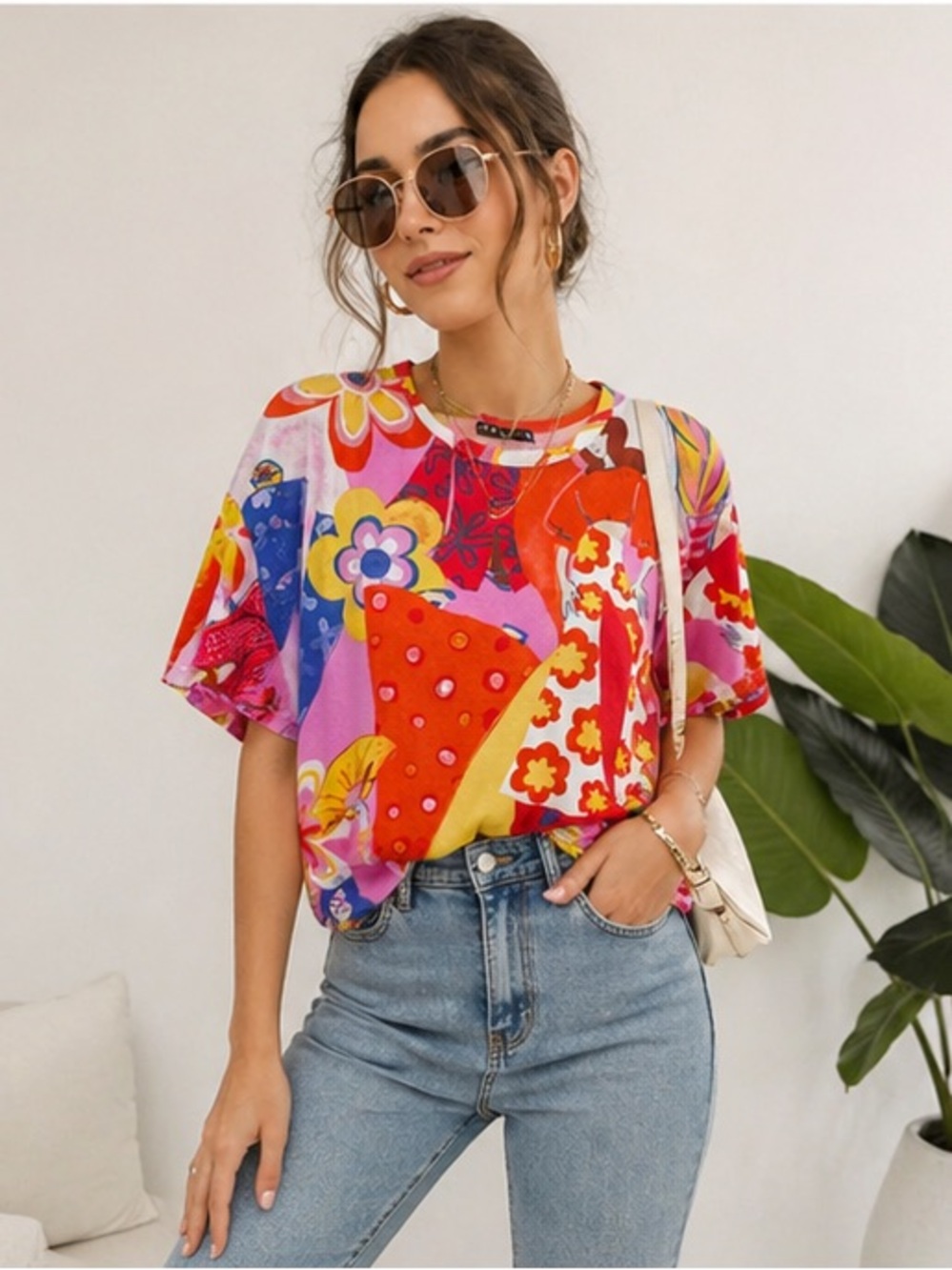ZARA Bright Floral Print Short Sleeve Top - Pink Multicolor - Boxy Fit